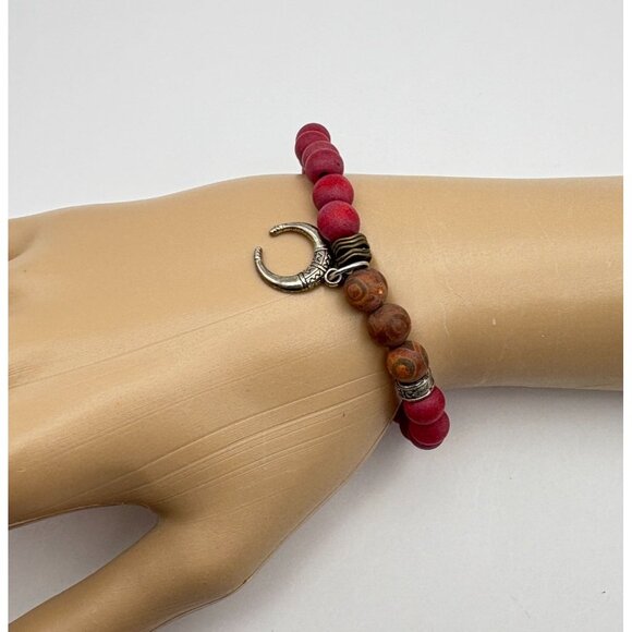 Red Wooden Beaded Bracelet with Celtic Double Horn Charm CFC Silver Tone Boho - Picture 2 of 7